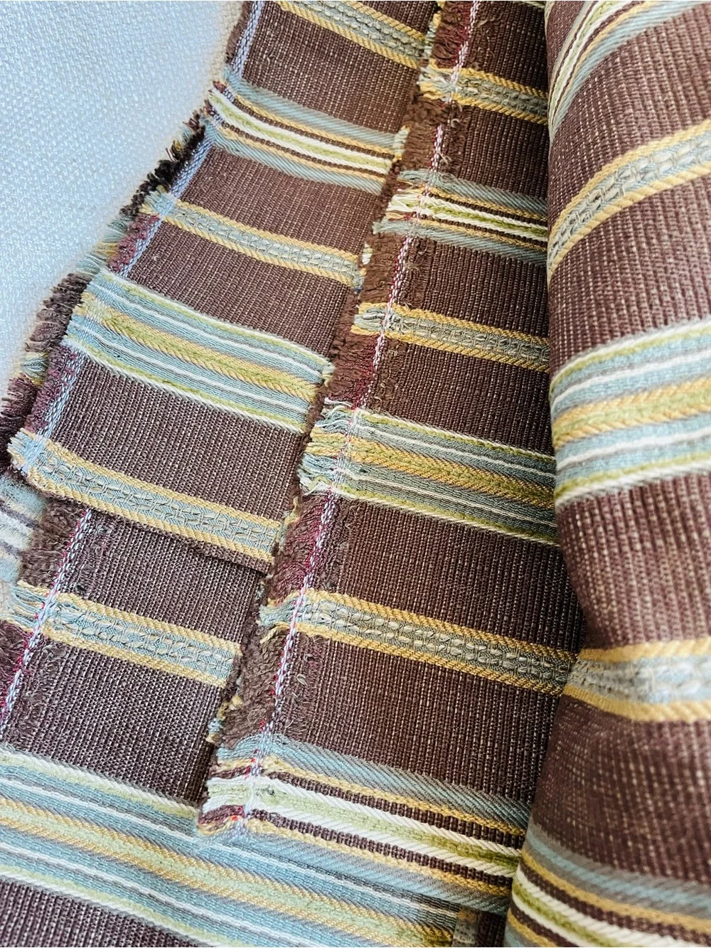 Striped Textured Upholstery Cotton Fabric Odd Shape Brown Blue Cream 1y x 54